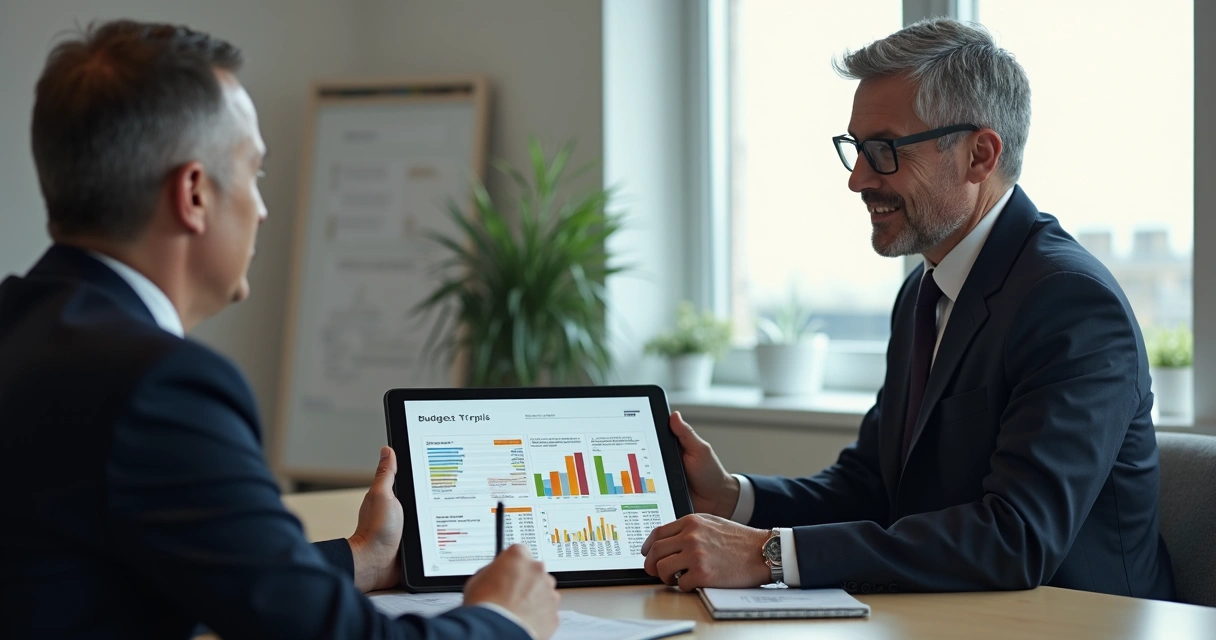 Profissional apresentando orçamento digital a cliente