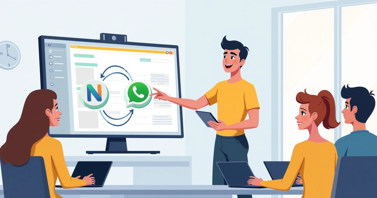 Palestrante explica integração entre Notion, WhatsApp e automação IA para plateia online 