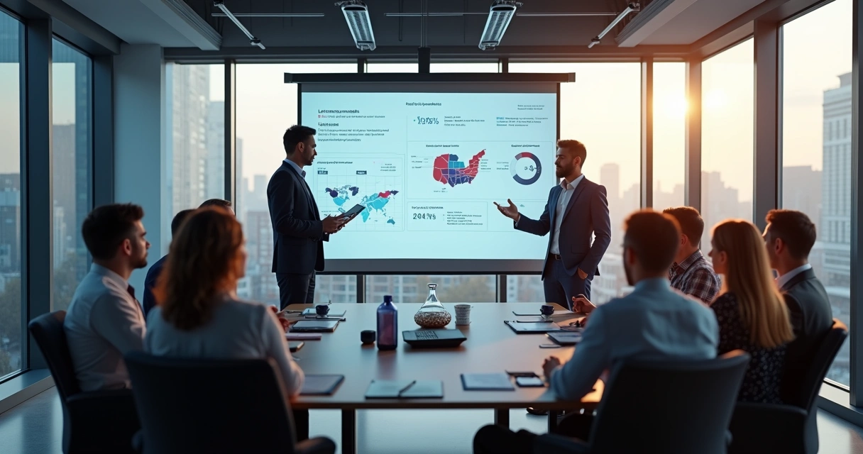 Apresentação para parceiro estratégico em escritório moderno, slides projetados, time reunido