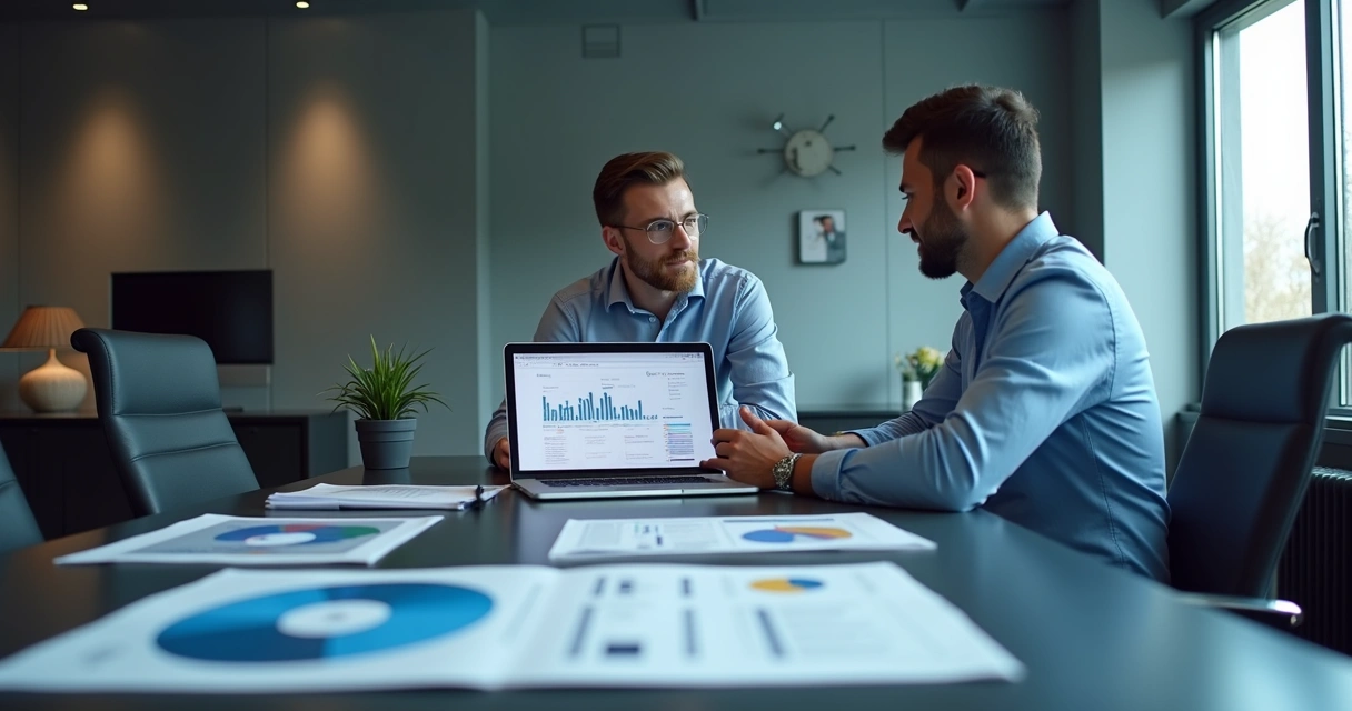 Executivo apresentando proposta personalizada em notebook em reunião de negócios