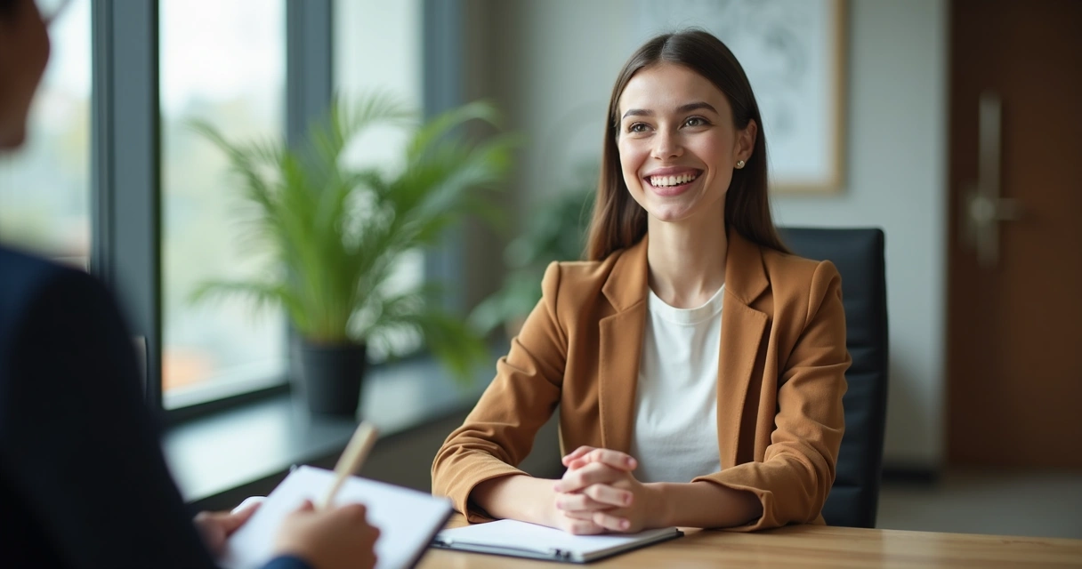 Pessoa sorrindo e se apresentando em entrevista de emprego