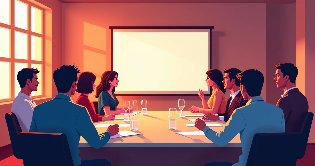 Profissionais reunidos em mesa assistindo apresentação no projetor com gráficos e imagens 