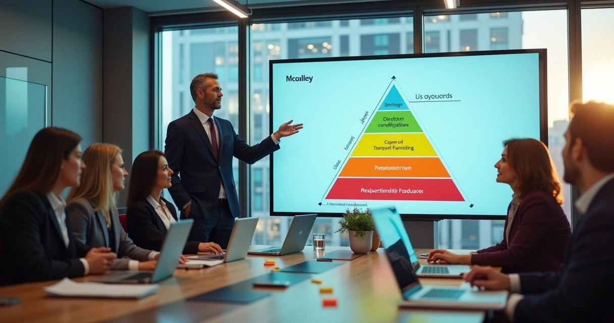 Gerente apresentando pirâmide McKinsey para equipe de negócios em sala de reunião 
