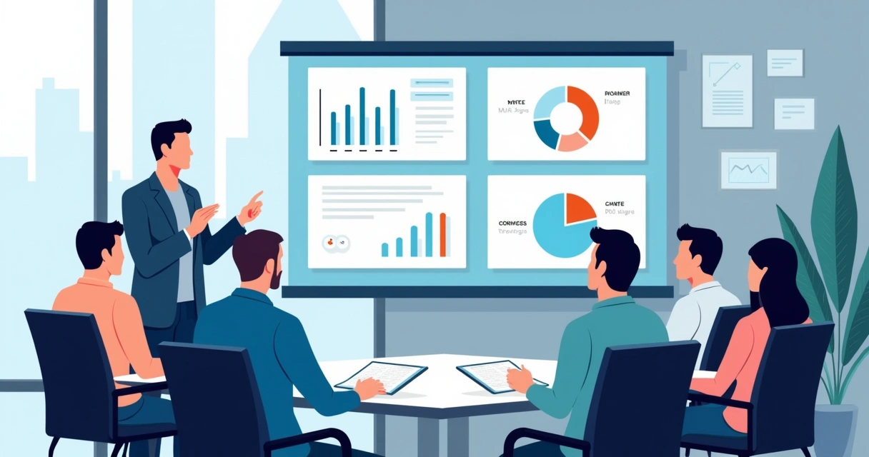 Ilustração corporativa flat com empreendedores apresentando um pitch deck em tela digital para investidores sentados ao redor de uma mesa de reunião 