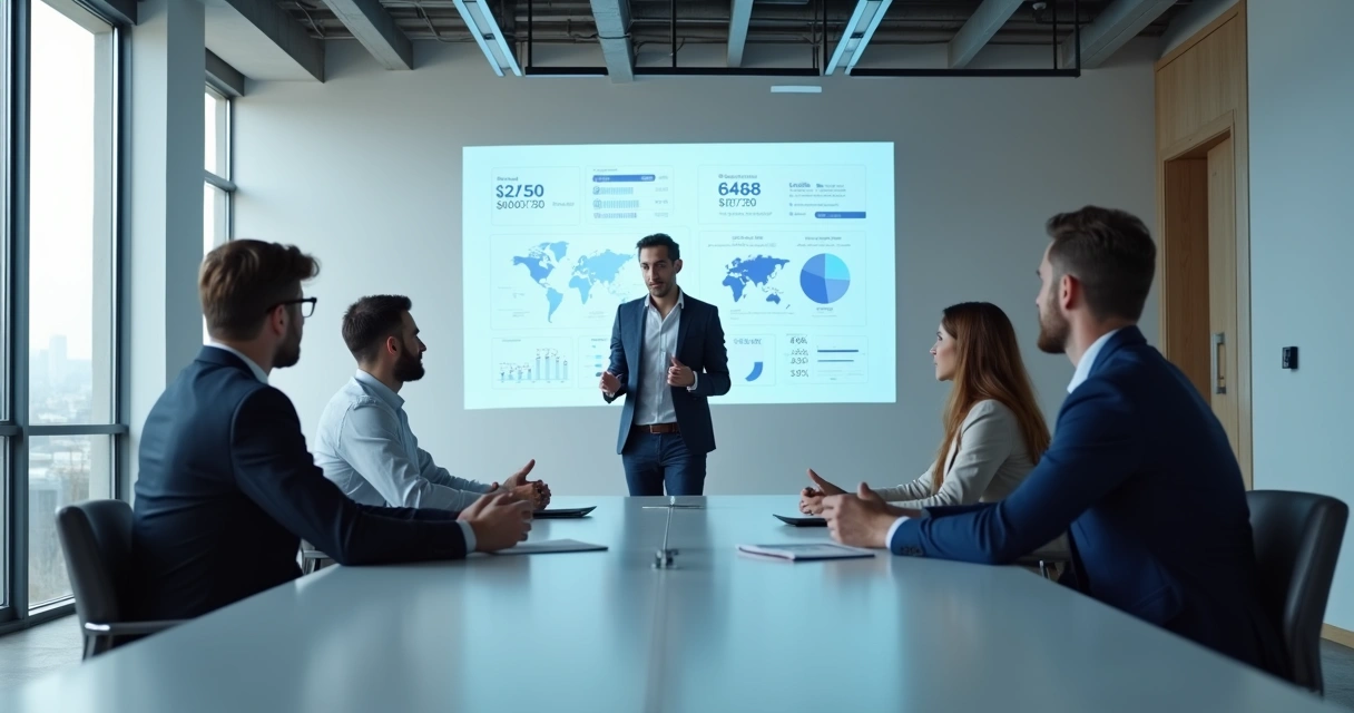 Empreendedor apresentando pitch para investidores em sala de reunião