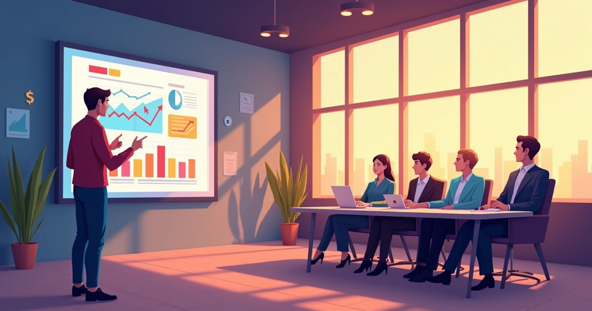 Jovem apresentando pitch para painel de investidores em auditório 