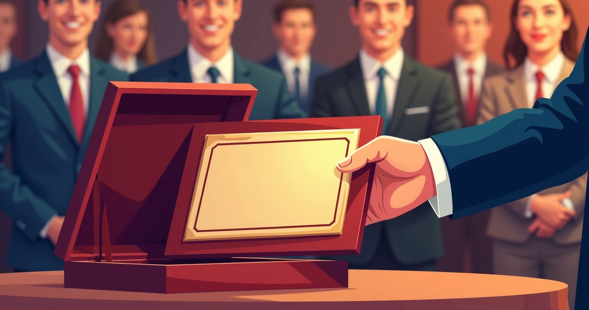 Pessoa entregando placa de homenagem com estojo elegante em evento 