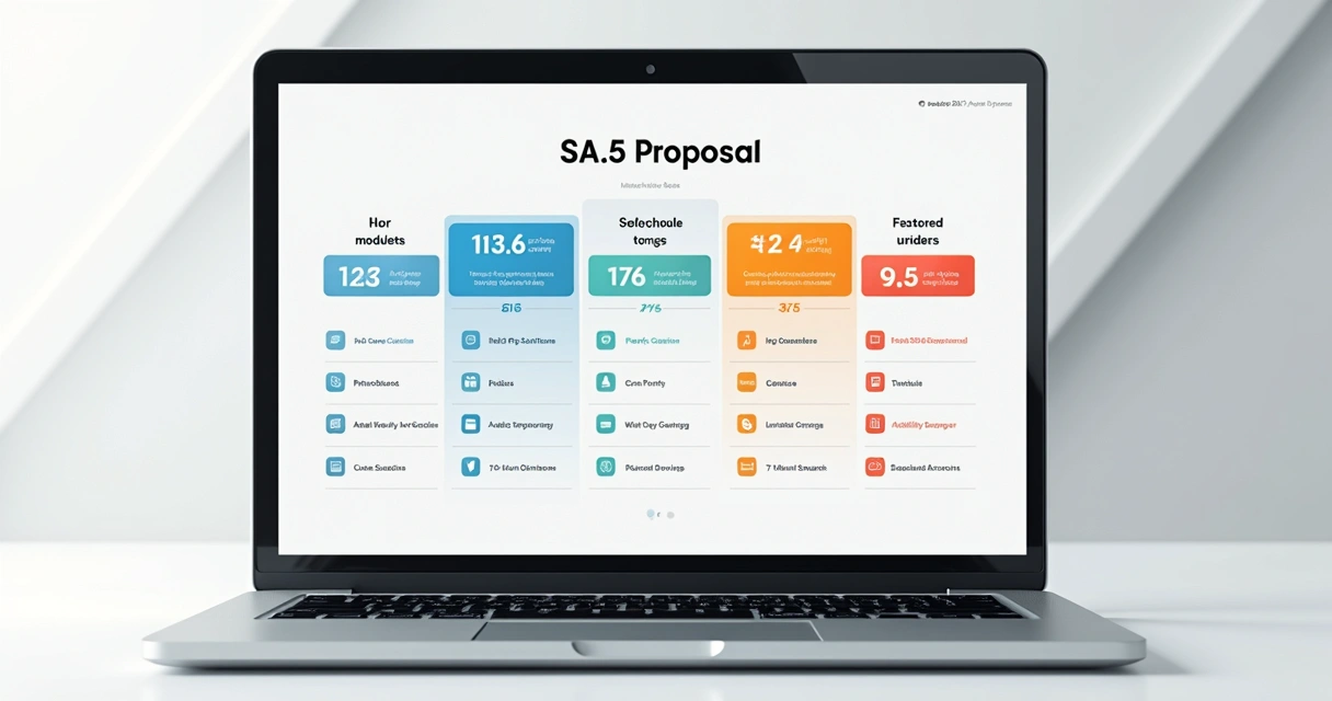 Apresentação visual de diferentes planos e módulos de um software SaaS na tela de um notebook 