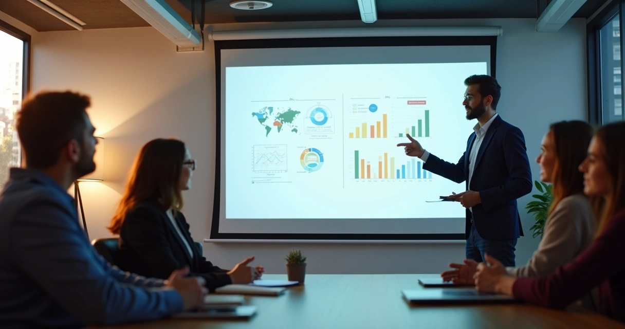 Jovem apresentando slides em PowerPoint para equipe, com gráficos e infográficos projetados em tela 