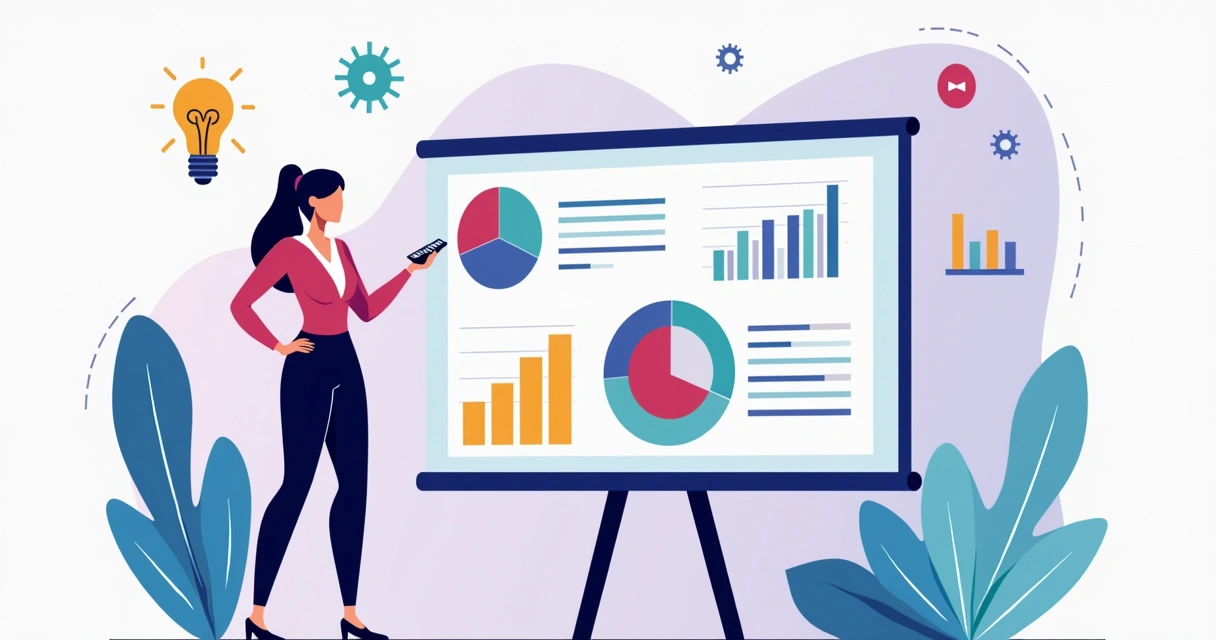 Pessoa apresentando gráficos digitais coloridos em tela, com elementos de design e tecnologia ao redor 