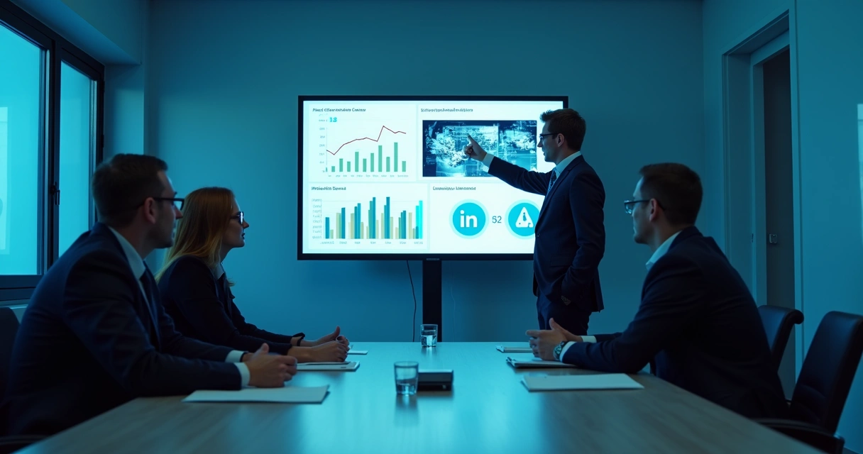 Profissional apresentando conteúdo multimídia em reunião 