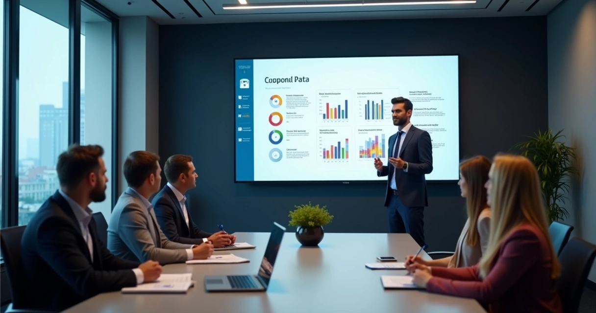Pessoa apresentando dados em tela de PowerPoint com gráficos e slides modernos em ambiente corporativo 