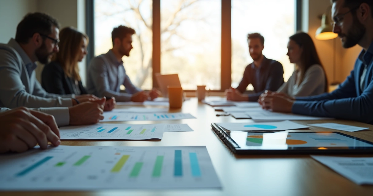 Mesa com papéis, notebook e documentos de projeto de reciclagem sendo analisados 