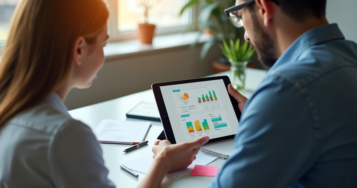 Vendedor apresenta proposta para cliente com gráficos em uma sala moderna 