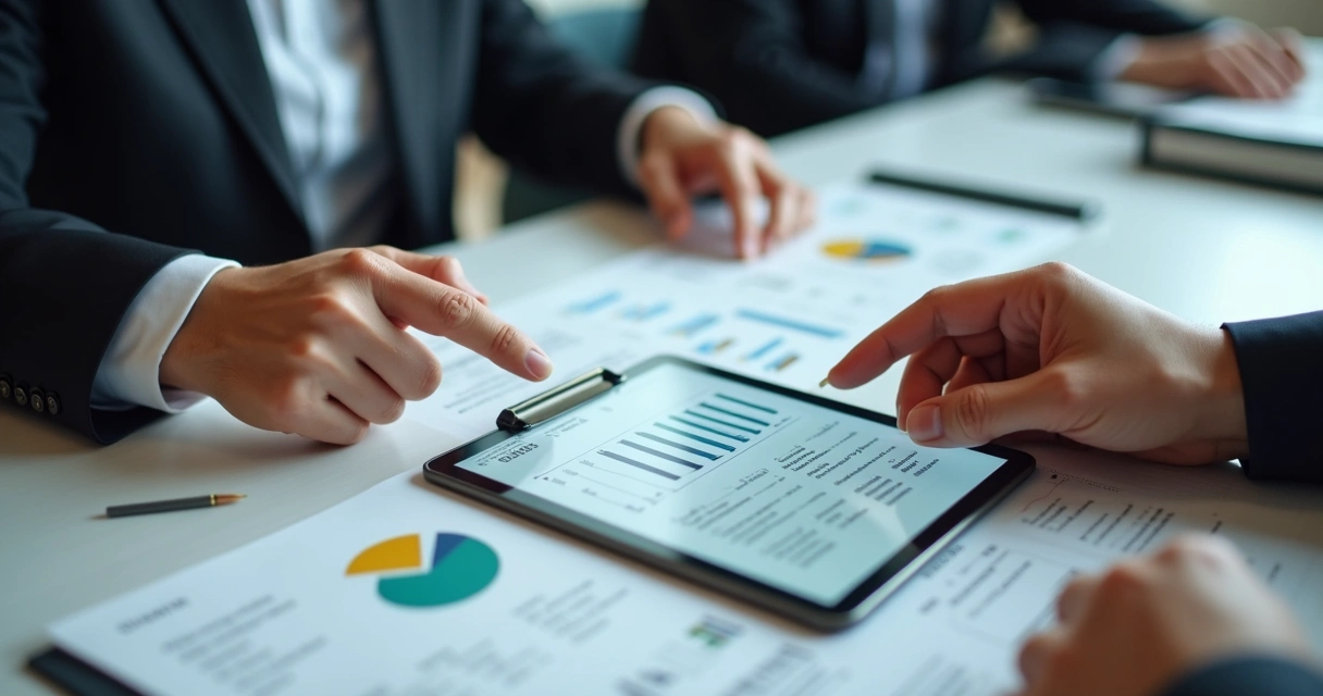 Pessoa apresentando proposta comercial detalhada em tablet para clientes 