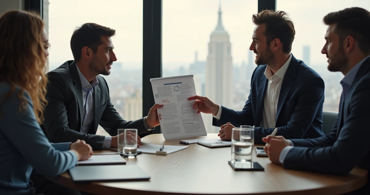 Vendedor apresenta proposta impressa ao cliente em sala de reunião.