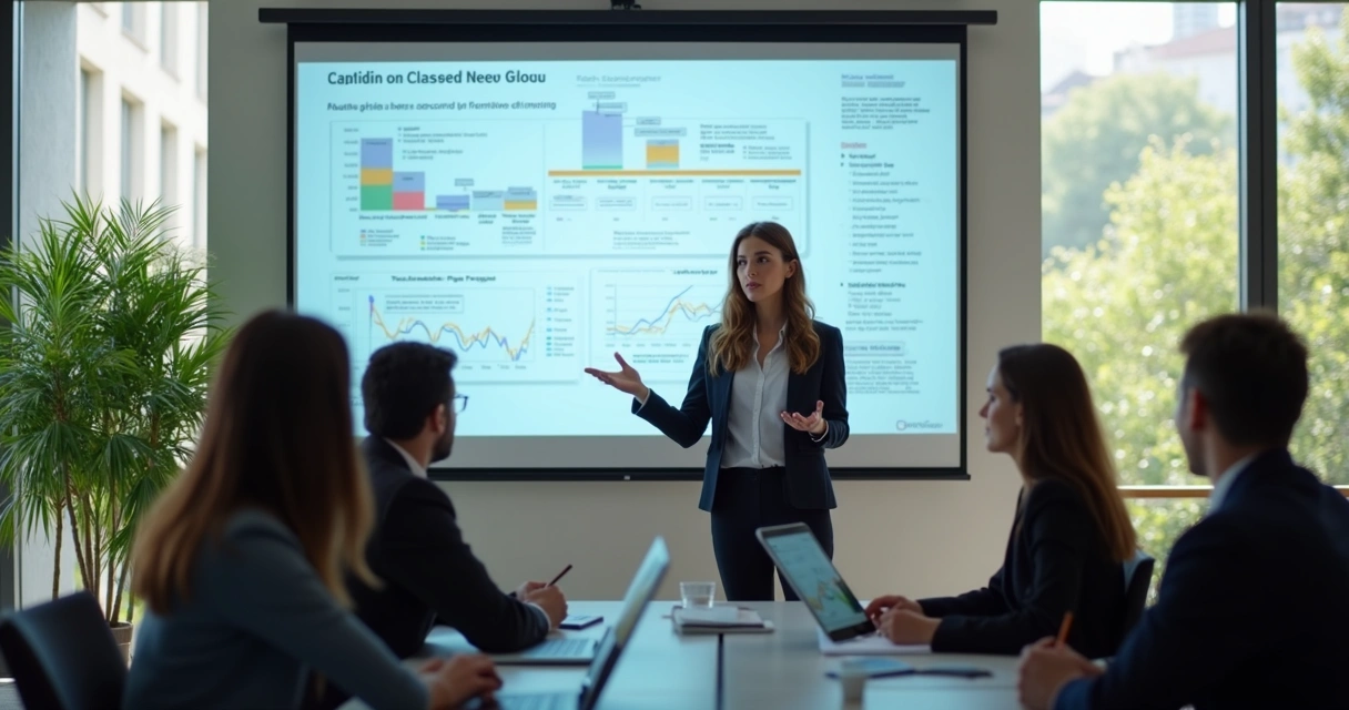 Mulher apresenta proposta digital em tela grande para equipe atenta 