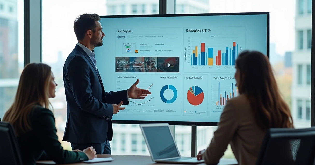 Executivo apresentando proposta digital em tela interativa 