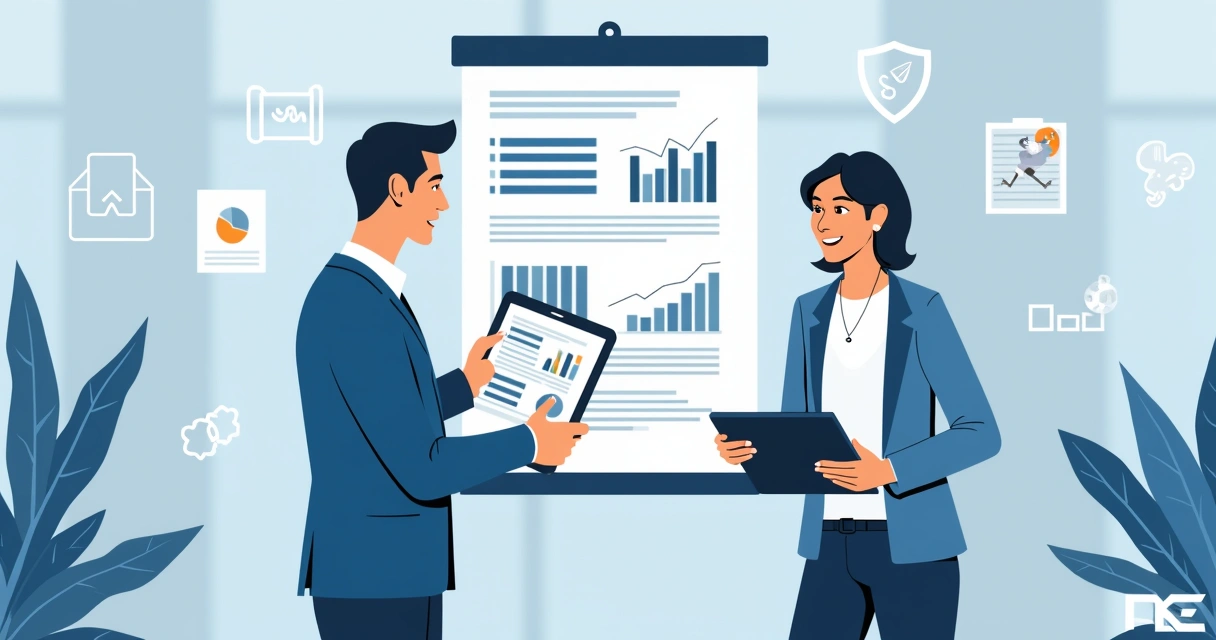 Pessoa apresentando proposta com tablet mostrando gráficos a um possível cliente em ambiente de escritório 