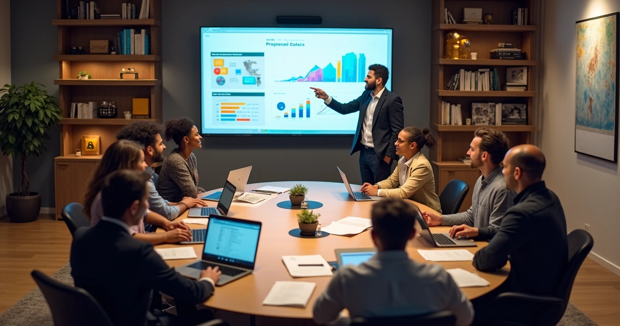 Apresentação de proposta de projeto em reunião remota com gráficos e equipe 