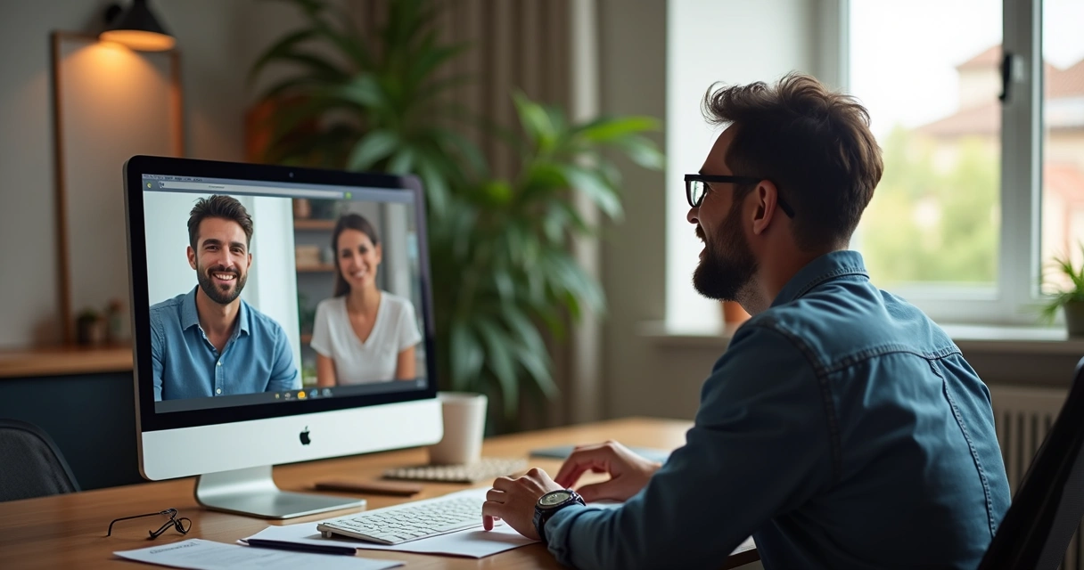 Contador apresenta proposta comercial online para cliente, tela dividida com gráficos e videochamada, ambiente moderno 