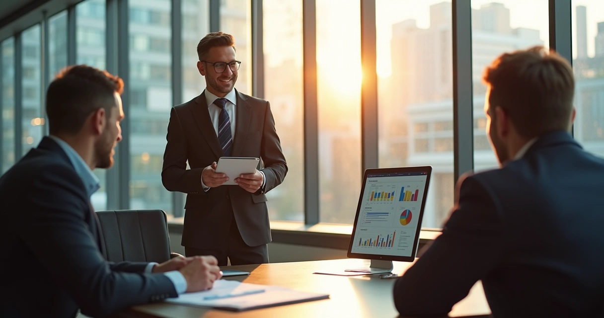 Vendedor mostrando proposta clara e valor para dois decisores 