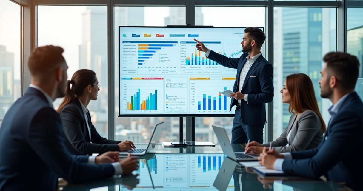Pessoa apontando para tela com gráfico durante reunião de negócios