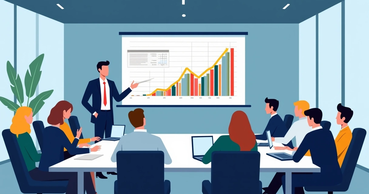 Planilha do Excel sendo apresentada em projeção para uma equipe em reunião 