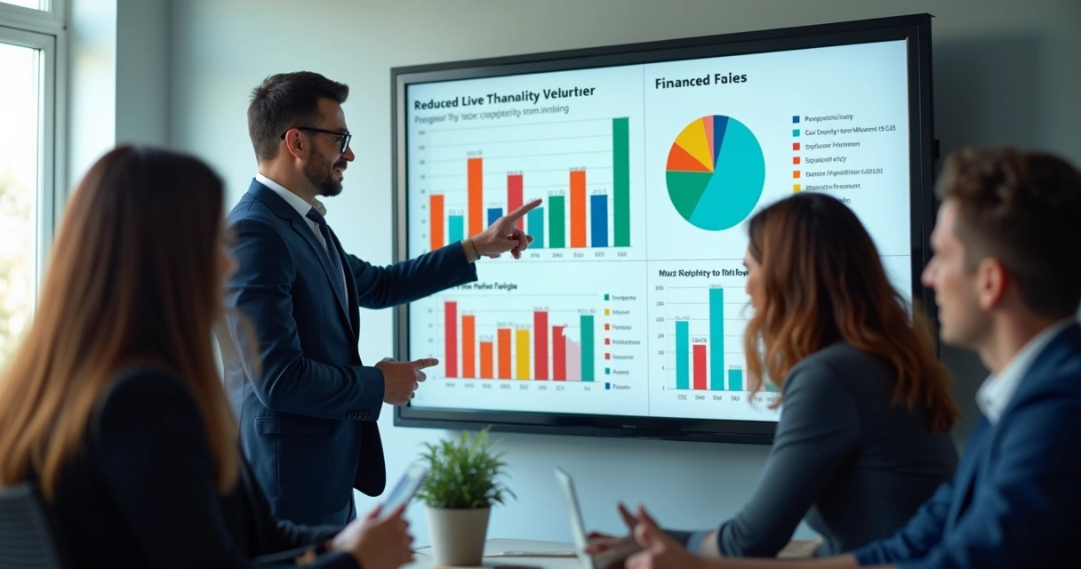 Equipe apresenta relatório fiscal com gráficos em uma tela grande 