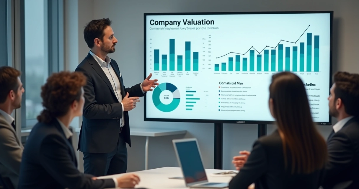 Profissional mostrando relatório com gráficos de avaliação de empresa