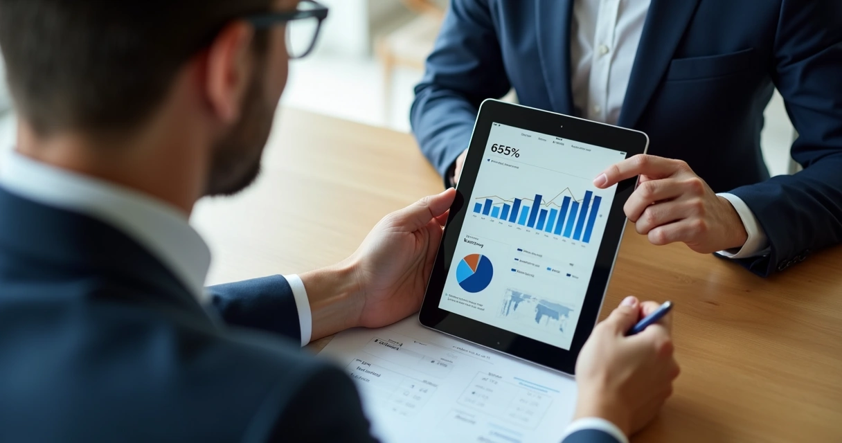 Profissional apresentando tela de resultados para cliente