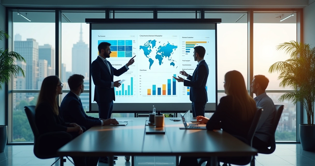 Equipe analisando painéis de resultados em reunião 