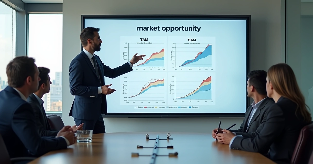 Profissional apresentando gráficos de TAM, SAM e SOM para liderança em sala de reunião 