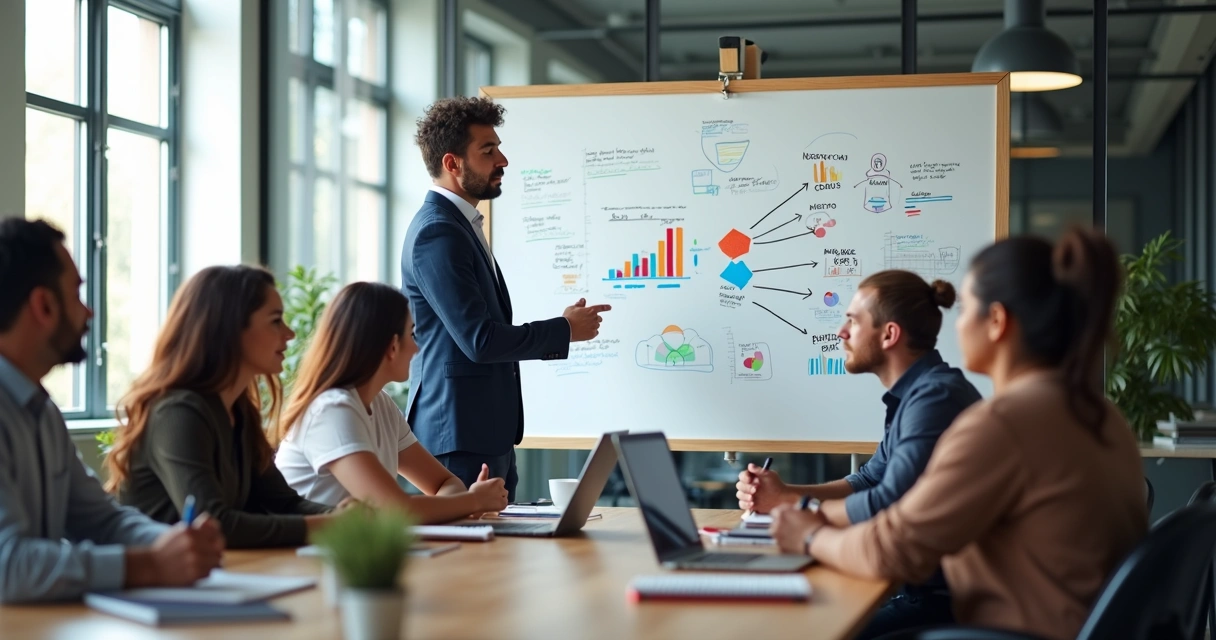 Pessoa apresentando projeto digital com storytelling em equipe criativa 