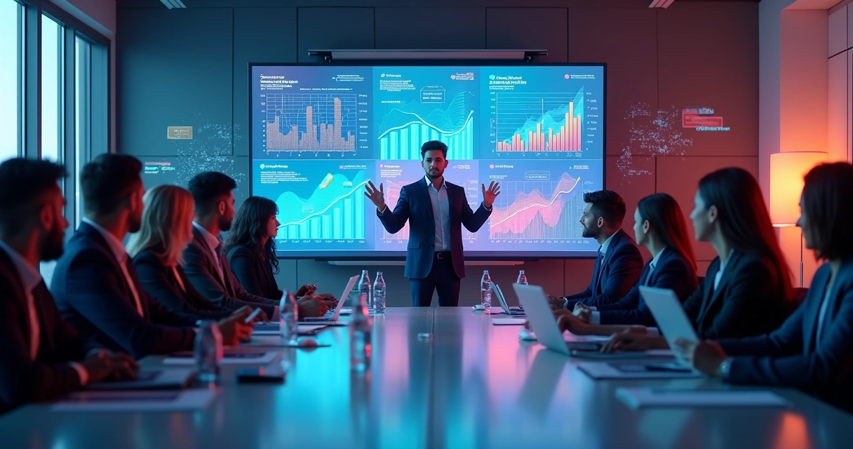 Profissionais em reunião apresentando soluções digitais para patrocinador de evento com gráficos e dados em tela grande 