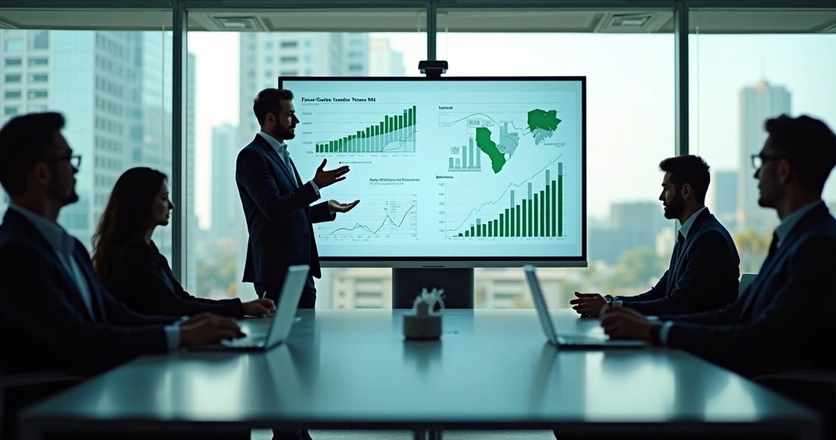 Consultor apresenta tendências do mercado imobiliário em sala com painel e gráficos 