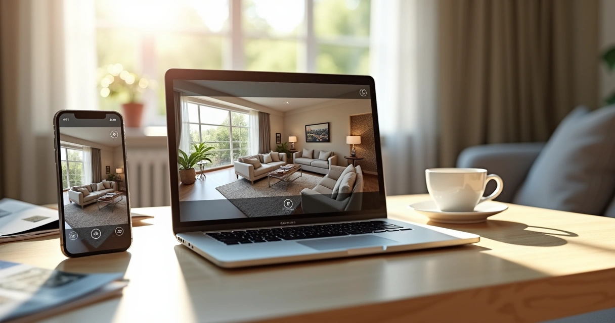 Simulação de tour virtual imobiliário 360 graus exibida em laptop e celular 