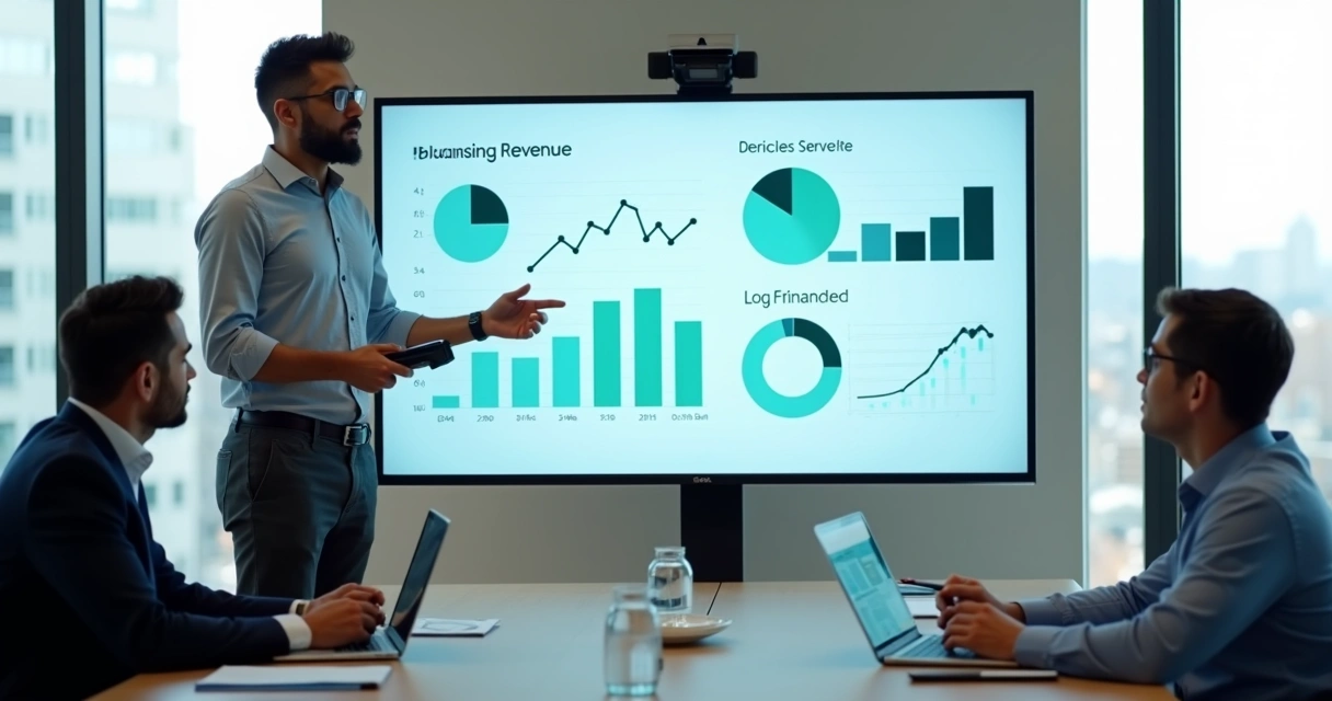 Profissional apresenta slide de vendas de BPO financeiro para cliente em sala de reunião moderna 