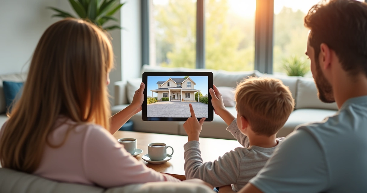 Família observa uma apresentação virtual de imóvel em tablet 