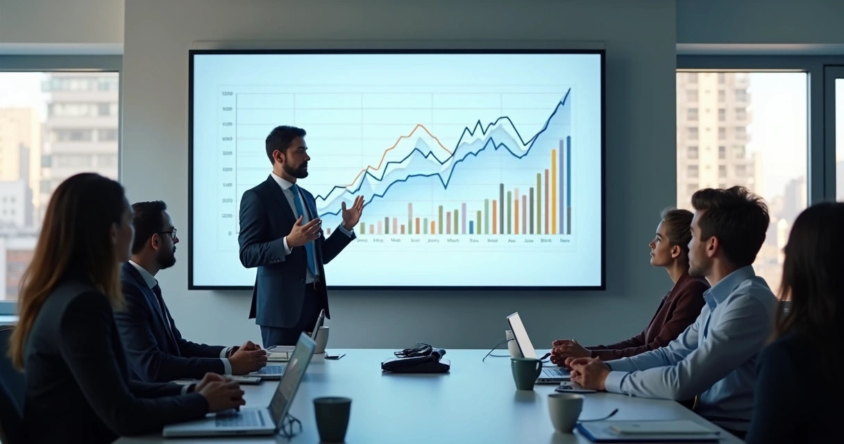 Pessoa mostrando gráfico limpo e organizado numa apresentação. 