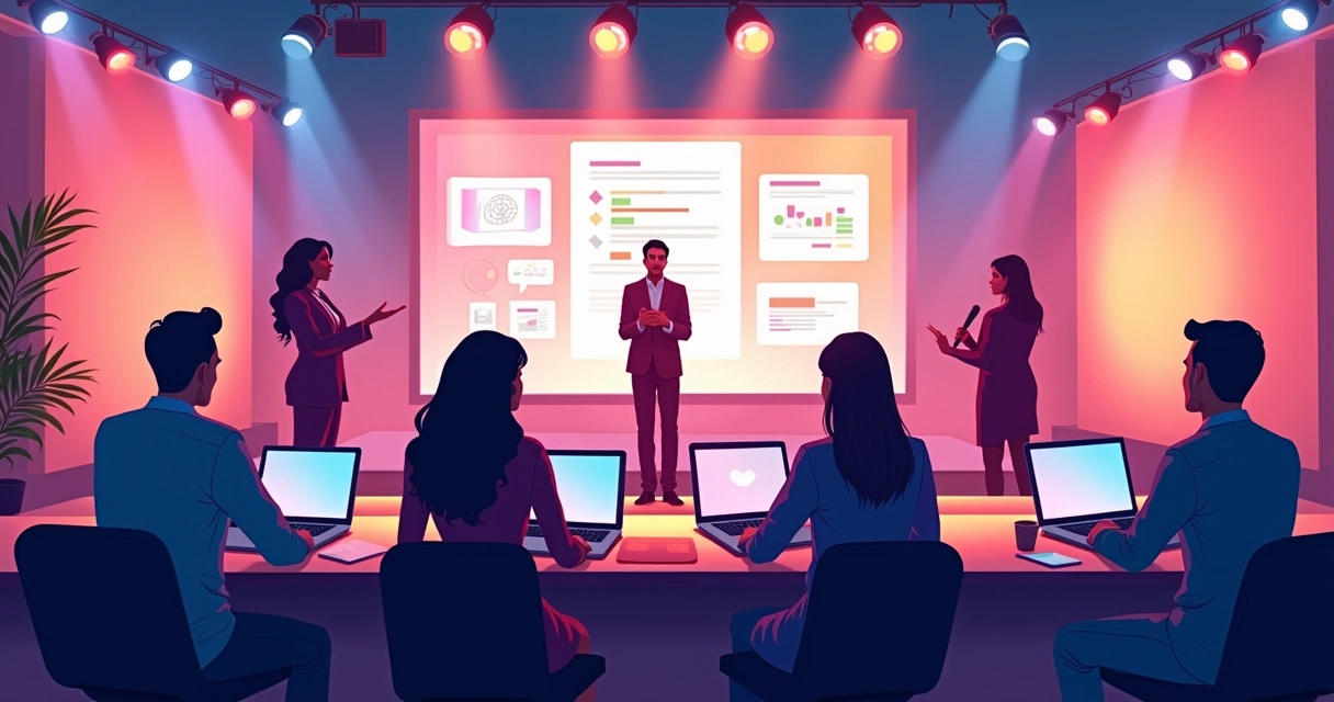 Equipe apresentando webinar para público online 