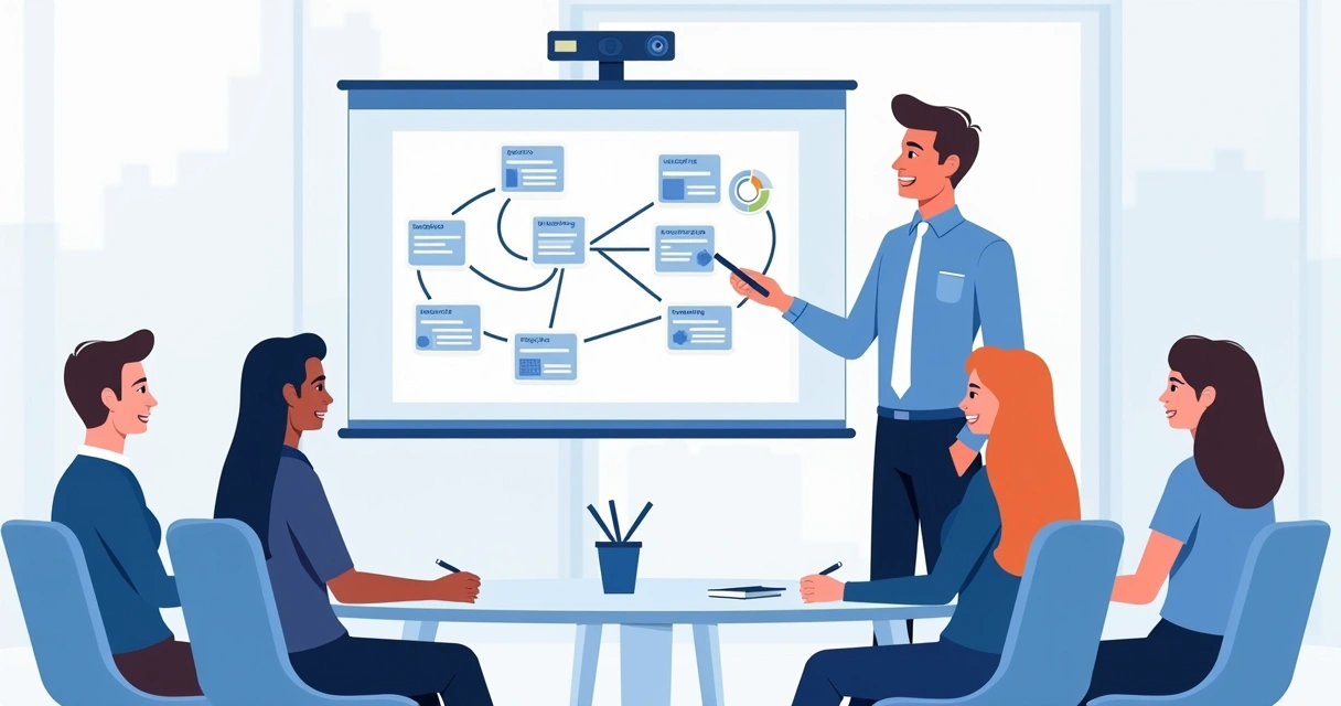 Apresentação de workflow para equipe em reunião