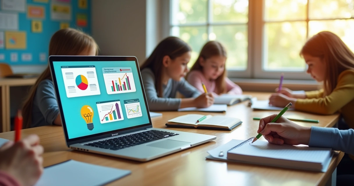 Apresentação digital colorida em tela de notebook com ícones educacionais. 