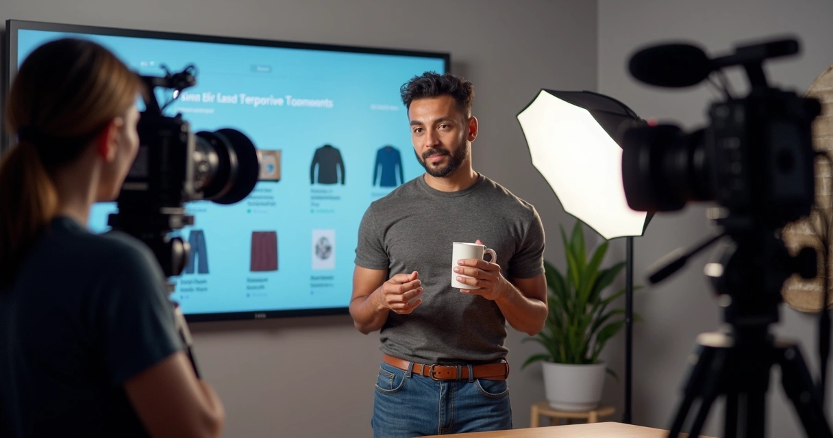 Apresentador segurando produto em transmissão ao vivo, câmera e luzes de estúdio ao fundo 