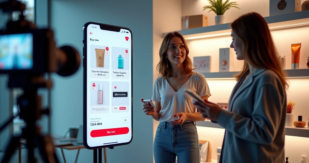 Apresentador conduzindo live shopping com produtos e comentários na tela 