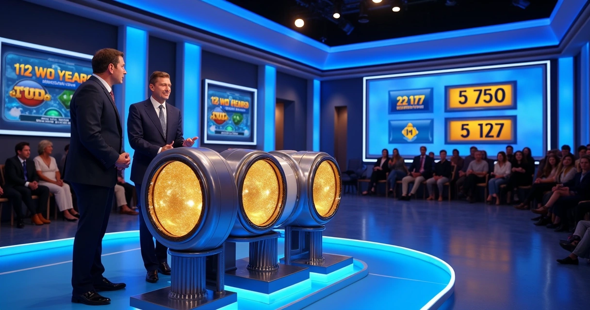 Apresentador ao lado de globos da sorte em transmissão de loteria 