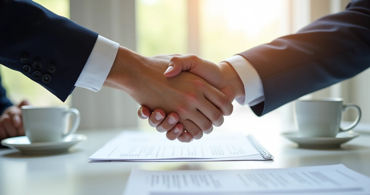 Dos manos diferentes estrechándose sobre una mesa blanca con documentos