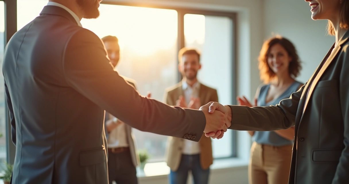 Apretón de manos entre colegas en oficina brillante. 