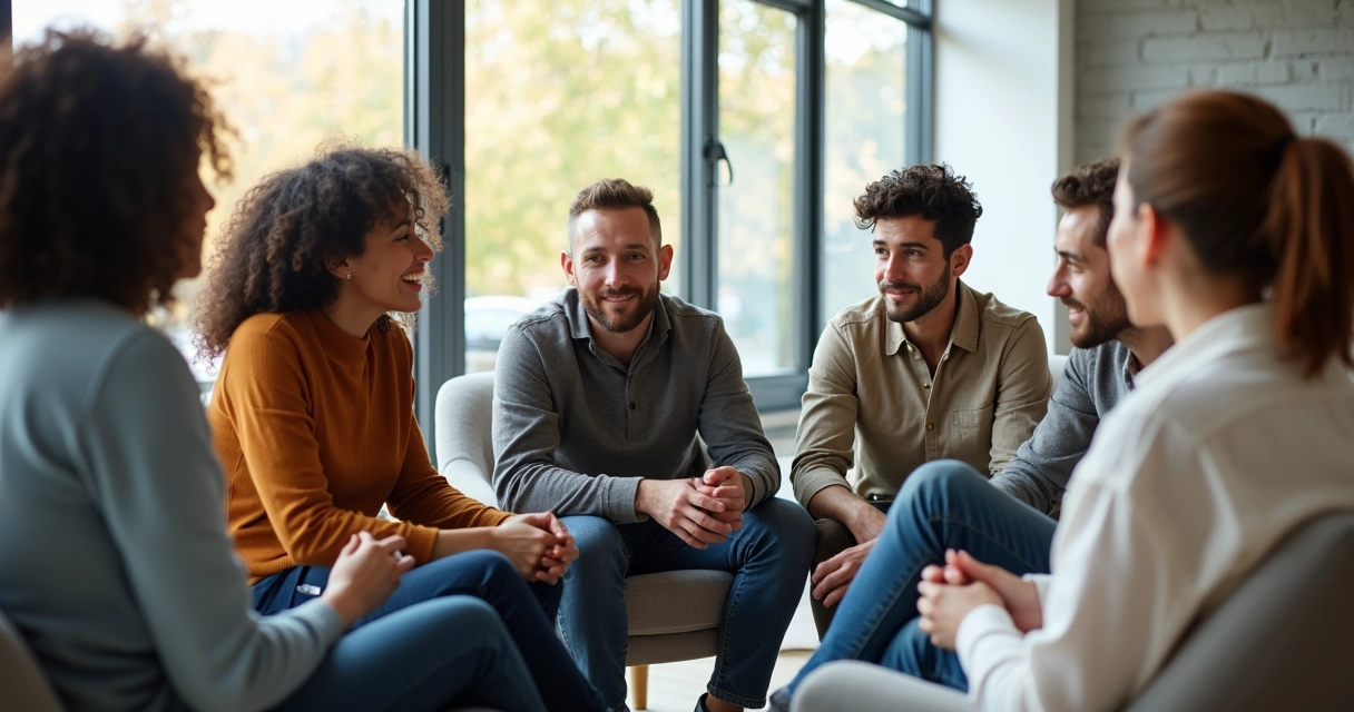 Grupo de personas conversando y sonriendo sentados en círculo