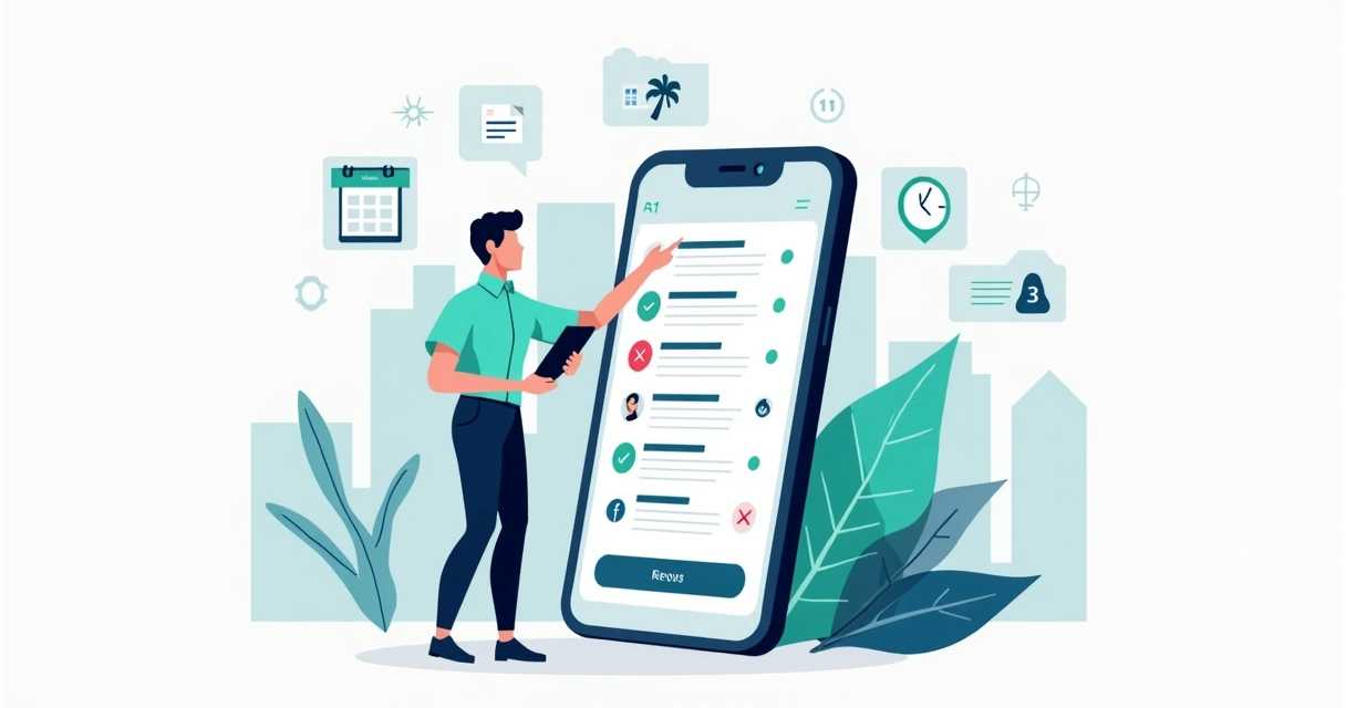 Supervisor validando solicitudes laborales desde app móvil con iconos de aprobación 